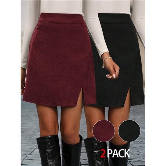 Casual Minimalist Solid Color Split Hem Skirt For Autumn/Winter